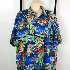 Vintage Monzini Collection Hawaiian Shirt Floral Palm Print Cotton Button Up L